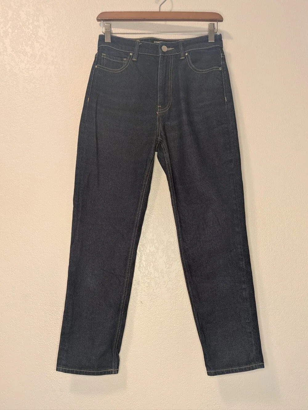 Country Road Cotton Blend High Rise Straight Leg Jeans Dark Wash Raw Blue Sz 28